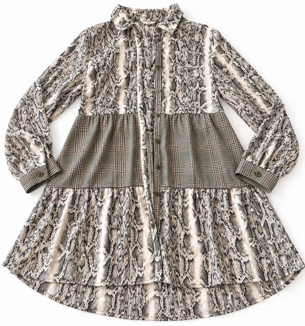 Mystree Snake Print And Plaid Tiered Shirt Dress (w)